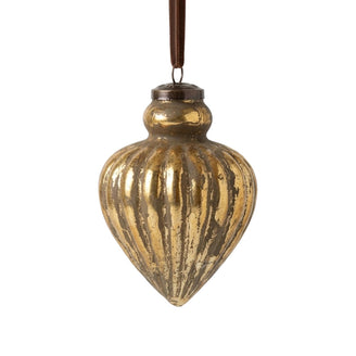 Antiqued Gold Ribbed Glass Drop Bauble
