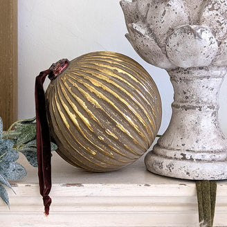 Oversized Antiqued Gold Ribbed Glass Bauble