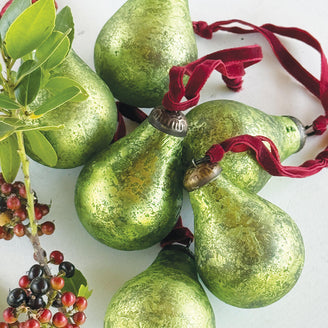 Small Antiqued Green Glass Pear Christmas Decoration