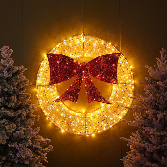 Outdoor Light Up Christmas Wreath with Red Bow – 1.2m