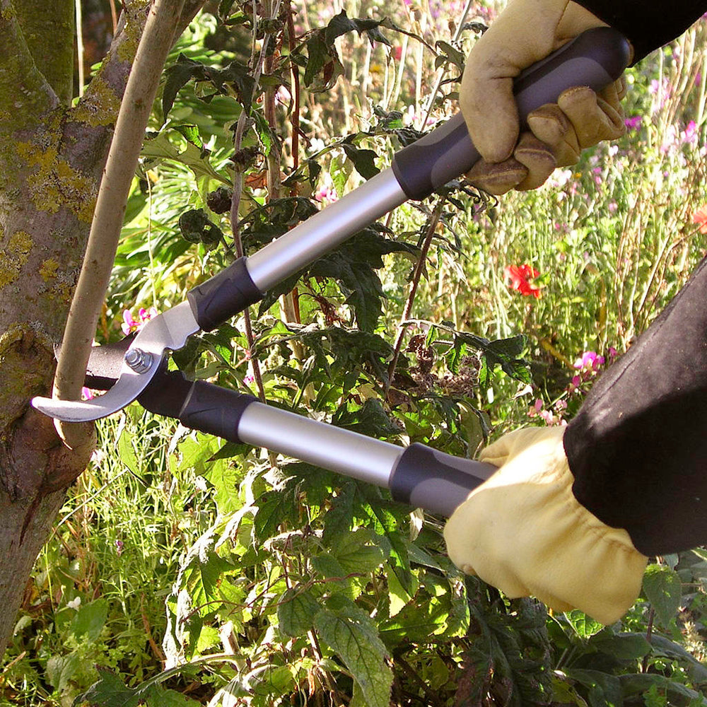 A gardener chops a branch using a lopper.