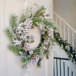 Large Snowy Tipped Pine Wreath with Pinecones