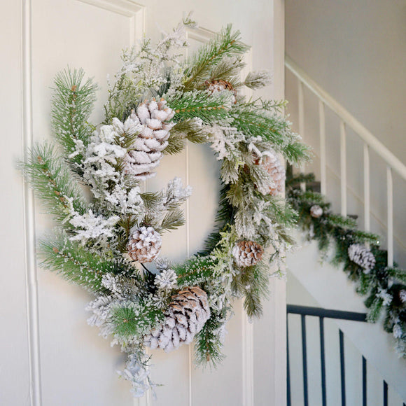 Large Snowy Tipped Pine Wreath with Pinecones (6661543166012)