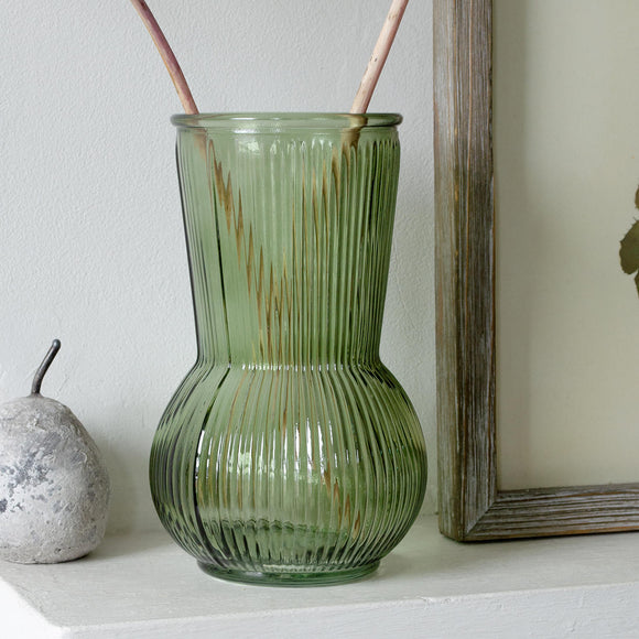 Vintage Style Green Ribbed Vase (7163388919868)