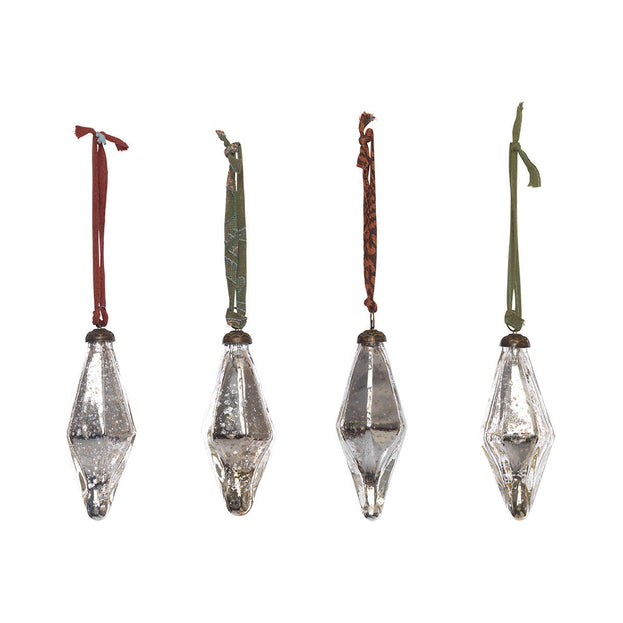 Aged Silver Glass Diamond Shaped Baubles - Set of 4 (4651170234428)