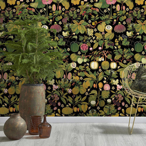 Asian Fruits and Flowers Anthracite Feature Wallcovering (4649527640124)